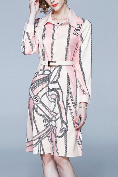 

Trendy Ladies Rope Print Belted Button Up Turn-down Collar Long Sleeve Midi A-Line Shirt Dress in Pink, LM685709