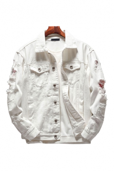Trendy Men's Jacket Solid Color Frayed Long Sleeves Button Closure Pocket Spread Collar Fitted Denim Jacket in White