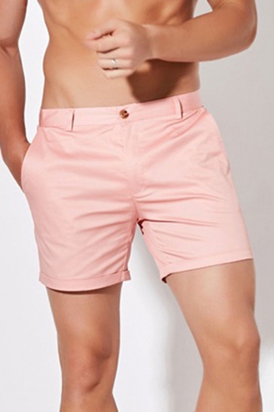 Trendy Mens Plain Zip Fly Button Detail Rolled Cuff Straight Fit Shorts with Pockets