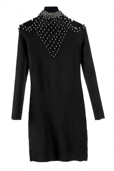 Trendy Solid Color Studded Embellished Cold Shoulder Long Sleeve Mini Bodycon Sweater Dress for Women