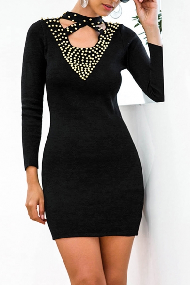 Trendy Womens Solid Color Studded Embellished Cut Out Front Mock Neck Long Sleeve Mini Bodycon Sweater Dress in Black