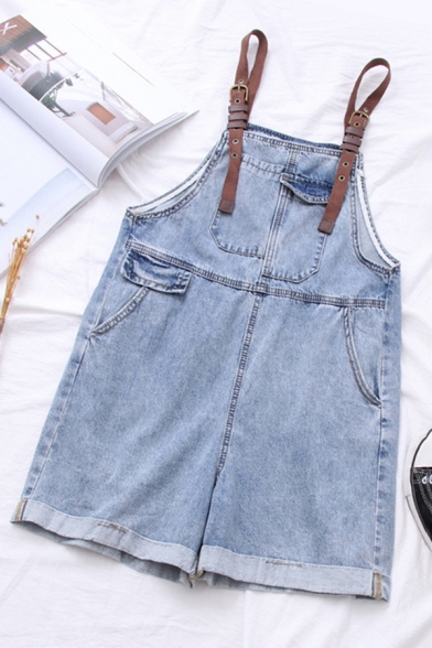 

Unique Overalls Light Wash Letter Printed Applique Pocket Stitch Leather Belt Short Denim Overalls for Ladies, Blue, LM676690