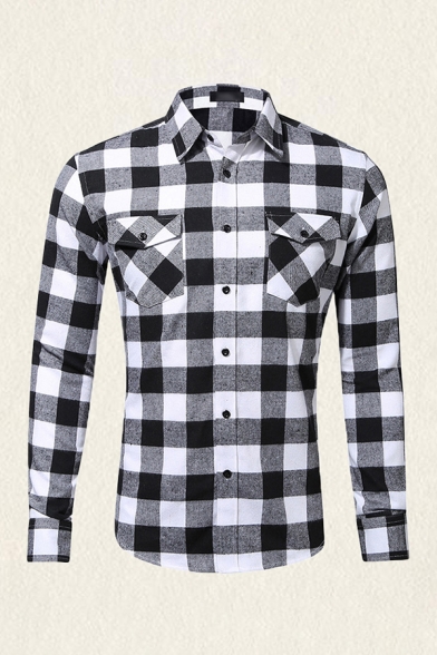 Vintage Mens Shirt Plaid Printed Chest Pockets Spread Collar Button-down Slim Fitted Long Sleeve Shirt