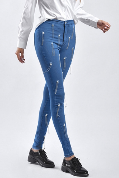Womens Blue Jeans Creative Beaded Fringe Detail Zipper Fly Slim Fit 7/8 Length Tapered Jeans