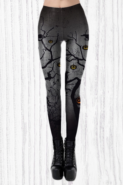 Womens Classic Leggings Pumpkin Tree Branch Abstract 3D Print Full Length Skinny Fit Leggings in Gray