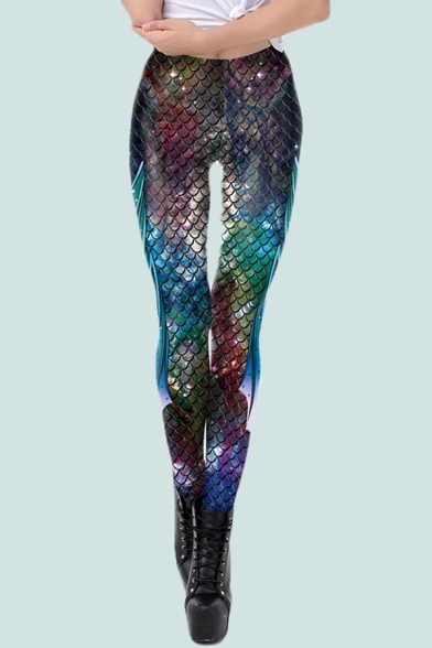 Yoga Pants Womens Fish Scale Print Gym Blue Mermaid Capri Leggings For Women 