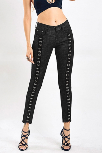 Womens Jeans Black Unique Hook and Eye Detail Low Rise Zipper Fly Slim Fit 7/8 Length Tapered Jeans