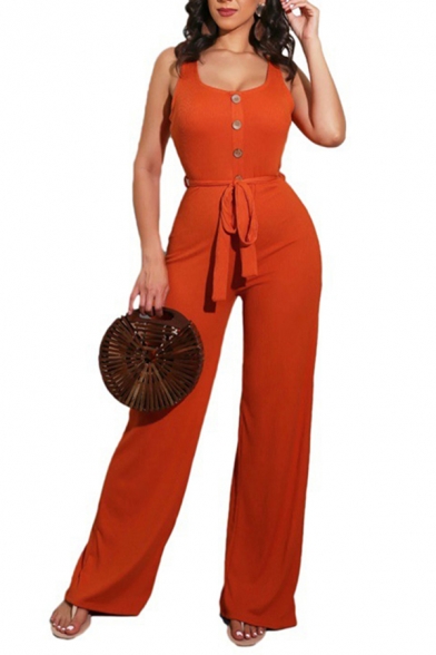 Womens Jumpsuits Trendy Plain Button Detail Bow Sleeveless Scoop Neck Loose Fitted Jumpsuits