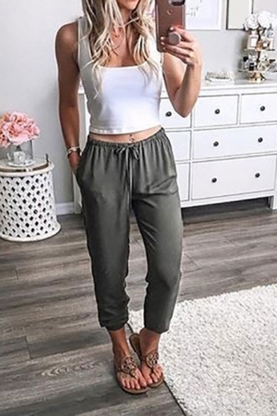 Womens Pants Fashionable Solid Color Drawstring Waist Regular Fit 7/8 Length Tapered Relaxed Pants