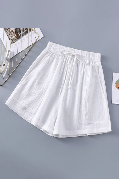 Womens Shorts Chic Solid Color Cotton Linen High Waist Loose Fitted Wide Leg Relaxed Shorts