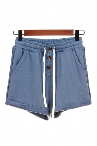Womens Shorts Creative Plain Button Detail Roll-up Drawstring Waist Regular Fitted Sweat Shorts