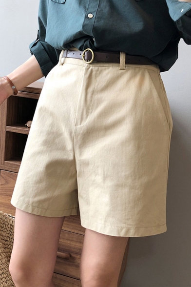 Womens Shorts Creative Solid Color Zippered Partially Elastic Waist Regular Fitted Relaxed Shorts with Belt