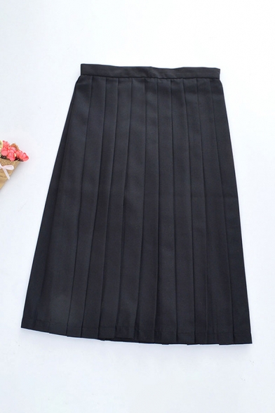 Womens Skirt Casual Plain Zipper Fly Midi A-Line High Waist Pleated Skirt in Black