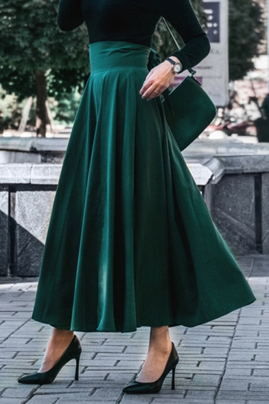 Womens Skirt Stylish Solid Color Tie Decoration High Rise Maxi Swing Skirt