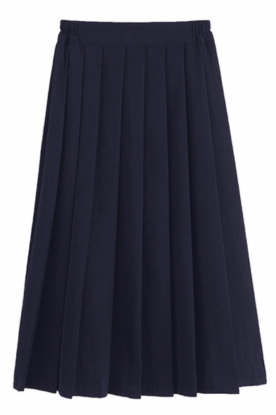 Womens Skirt Trendy Solid Color Partially Elastic Waist Invisible Zipper Maxi A-Line Pleated Skirt