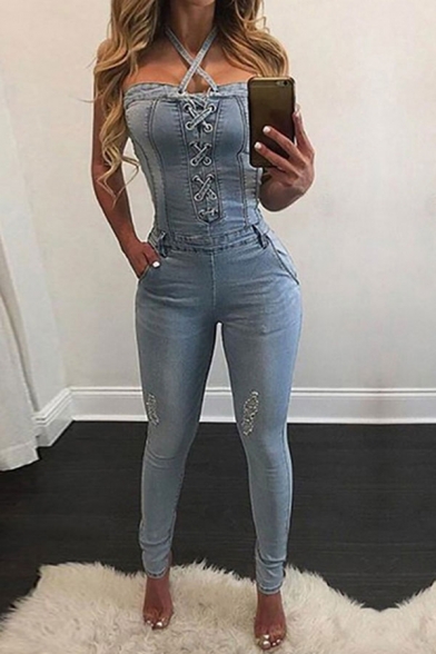 

Basic Womens Jumpsuits Distressed Denim Stretch Lace-up Decorated Halter Neck Sleeveless Slim Fitted Jumpsuits, Blue;dark blue, LM684221