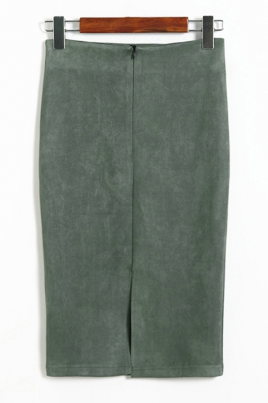 Basic Womens Skirt Solid Color Suede High Waist Zippered Slit-Back Midi Pencil Skirt