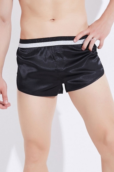 Black Sexy Mens Patchwork Elastic Waist Mid Rise Loose Fit Pajama Shorts