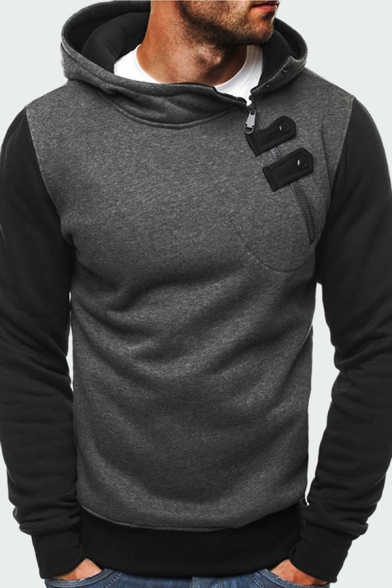 Casual Hooded Sweatshirt Color Block Ribbed Trim Snap Zipper Long-sleeved Slim Fit Hooded Sweatshirt for Men