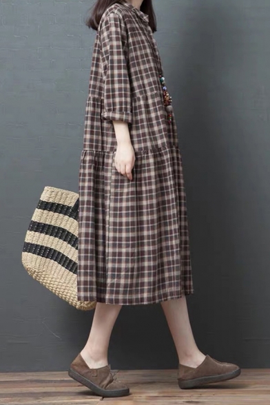 Casual Linen and Cotton Plaid Printed Long Sleeve Turn Down Collar Button Up Ruffled Mid Swing Shirt Dress in Coffee