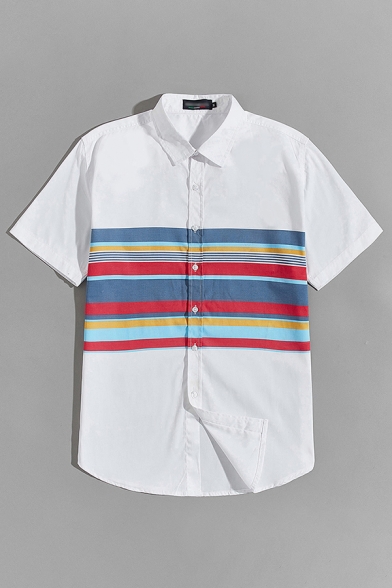 Cool Mens Shirt Contrast Stripe Pattern Button up Spread Collar Short Sleeve Regular Fit Shirt
