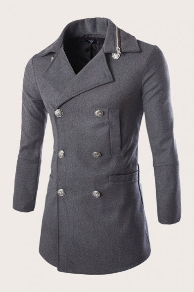 Cool Mens Trench Coat Button Zipper Decoration Button down Notched Lapel Collar Long Sleeve Slim Fitted Trench Coat
