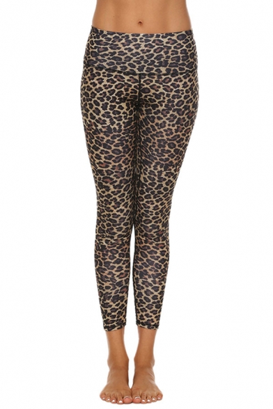 Dainty Leggings Animal Leopard Print Top-stitching Mid-rise Skinny Cropped Regular Leggings for Women
