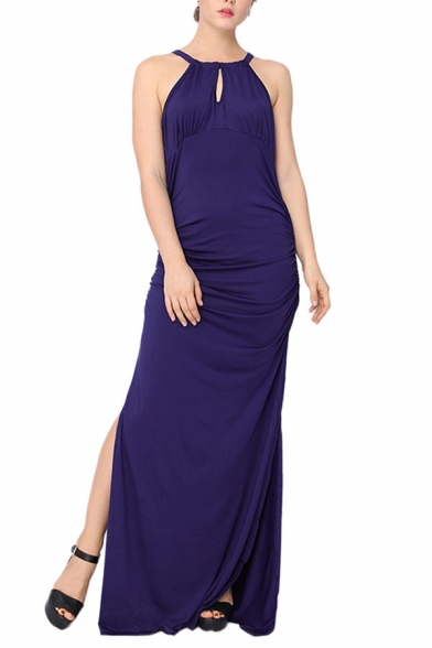 Elegant Womens Solid Color Keyhole Front Ruched High Slit Side Halter Sleeveless Maxi Sheath Evening Dress