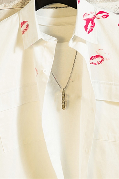 Fancy Shirt Lips Pattern Flap Pocket Button up Long Sleeve Point Collar Regular Fitted Shirt for Men