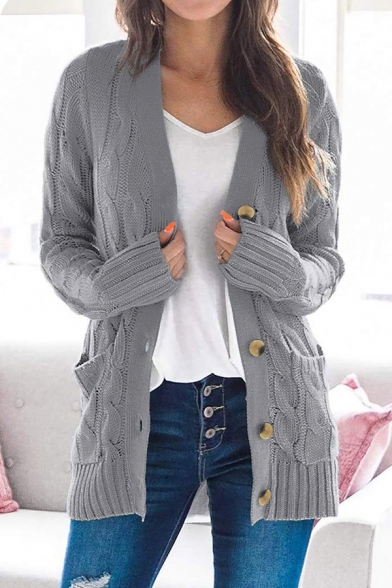 Fancy Solid Color Long Sleeve Button Up Cable Knit Loose Fit Cardigan