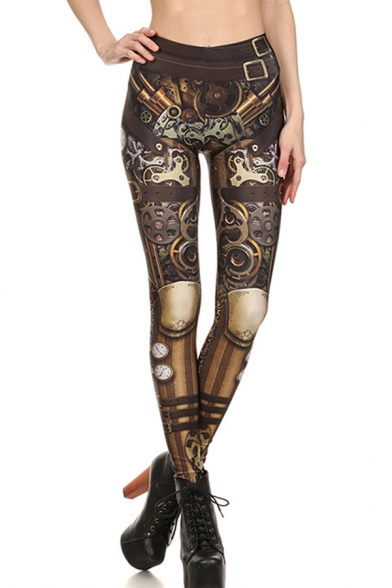 Fashion Leggings Clock Striped Belt Iron Circle Mixed 3D Printed Full Length Skinny Fit Leggings for Women