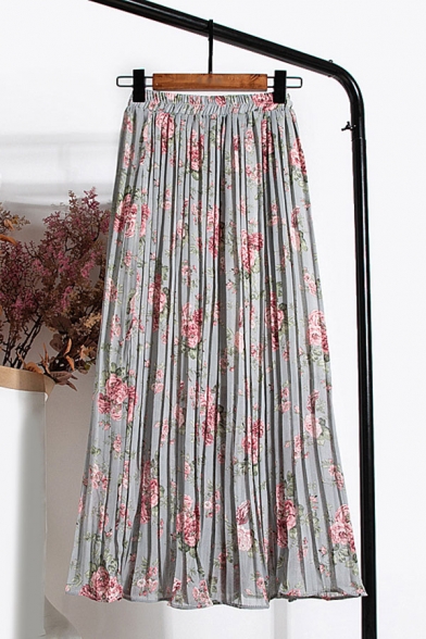 Fashionable Girls Skirt Ditsy Floral Pattern Pleated High Rise Elastic Maxi A-Line Skirt