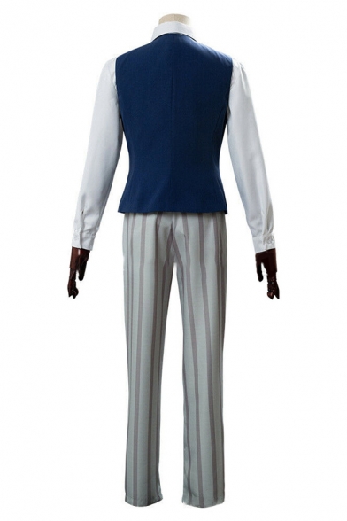 Formal Mens Long Sleeve Spread Collar Shirt Button Up Vest Striped Straight Pants Set in Navy