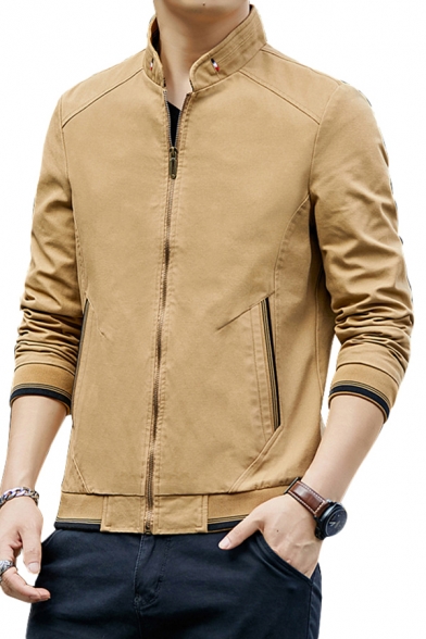 Mens Jacket Stylish Stripe Trim Plaid Lined Scratch-Resistant Turn-down Collar Zipper-down Slim Fitted Long Sleeve Varsity Jacket