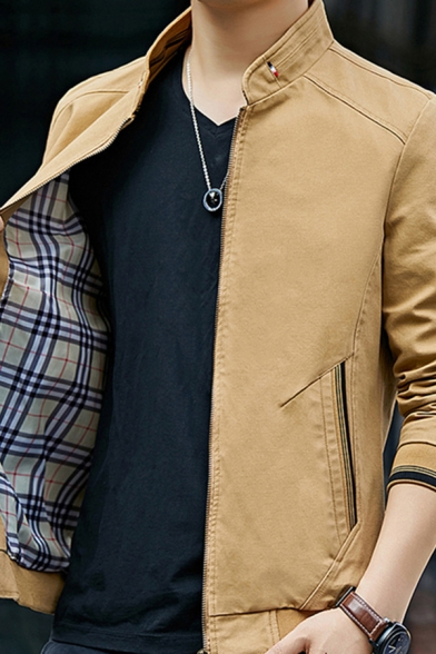 Mens Jacket Stylish Stripe Trim Plaid Lined Scratch-Resistant Turn-down Collar Zipper-down Slim Fitted Long Sleeve Varsity Jacket