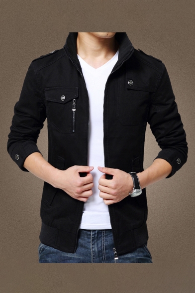 Mens Jacket Trendy Plaid-Lined Epaulette Pockets Zipper Detail Mock Neck Regular Fit Long Sleeve Casual Jacket
