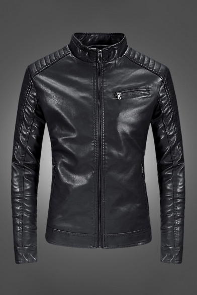 Mens Jacket Trendy Plain Quilted Shoulder Zipper up Long Sleeve Mock Neck Slim Fitted Leather Jacket