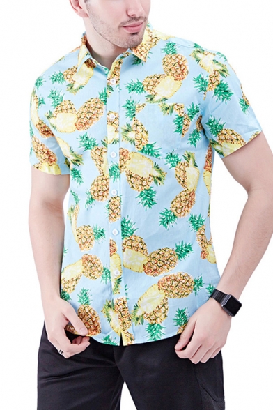 Mens Shirt Casual Pineapple Pattern Turn-down Collar Button-down Slim Fitted Short Sleeve Shirt