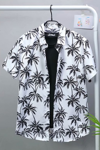 Mens Shirt Chic Palm Tree Pattern Curved Hem Button up Spread Collar Half Sleeve Relaxed Fit Shirt