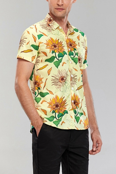 Mens Shirt Fashionable Sunflower Leaf Pattern Button up Turn-down Collar Short Sleeve Slim Fitted Yellow Shirt
