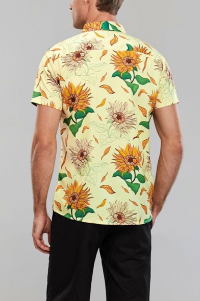 Mens Shirt Fashionable Sunflower Leaf Pattern Button up Turn-down Collar Short Sleeve Slim Fitted Yellow Shirt