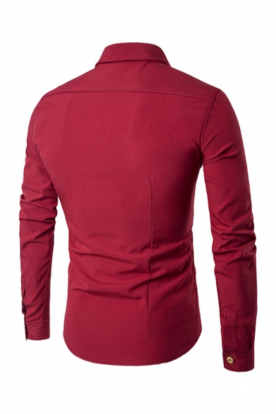 Mens Shirt Simple Solid Color Double-Breasted Oblique Placket Point Collar Slim Fitted Long Sleeve Shirt