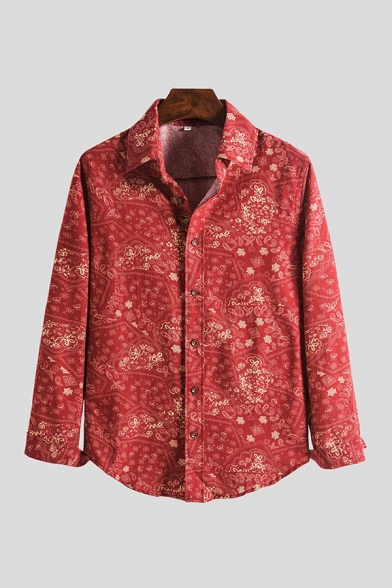 Mens Shirt Unique Paisley Flower Pattern Turn-down Collar Button-down Relaxed Fitted Long Sleeve Shirt in Red