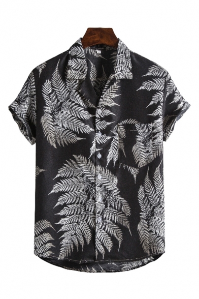 Mens Summer Trendy Black Tropical Leaf Printed Short Sleeve Casual Loose Shirt