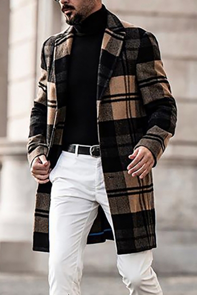 Mens Trench Coat Trendy Plaid Pattern Woolen Button down Mid-Length Notched Lapel Collar Long Sleeve Slim Fit Trench Coat