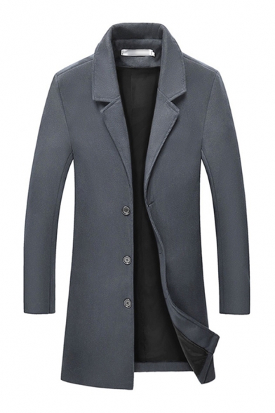 Mens Trench Coat Unique Solid Color Button Detail Woolen Notched Lapel Collar Slim Fitted Long Sleeve Trench Coat
