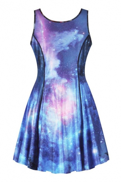 New Stylish 3D Blue Galaxy Pattern Scoop Neck Sleeveless Summer Reversible Mini A-Line Tank Dress