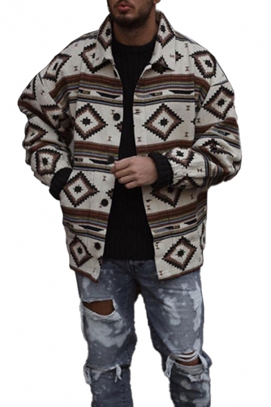 Novelty Mens Jacket Contrasted Geometric Striped Pattern Button up Turn-down Collar Long Sleeve Loose Fitted Casual Jacket