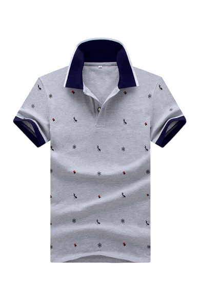 Novelty Mens Polo Shirt Snowflake Flag Ant Printed Contrast Trim Button Detail Turn-down Collar Regular Fit Short Sleeve Polo Shirt