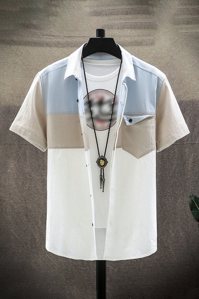 Novelty Mens Shirt Colorblock Panel Non-Ironing Chest Pocket Button up Turn-down Collar Short Sleeve Regular Fit Shirt